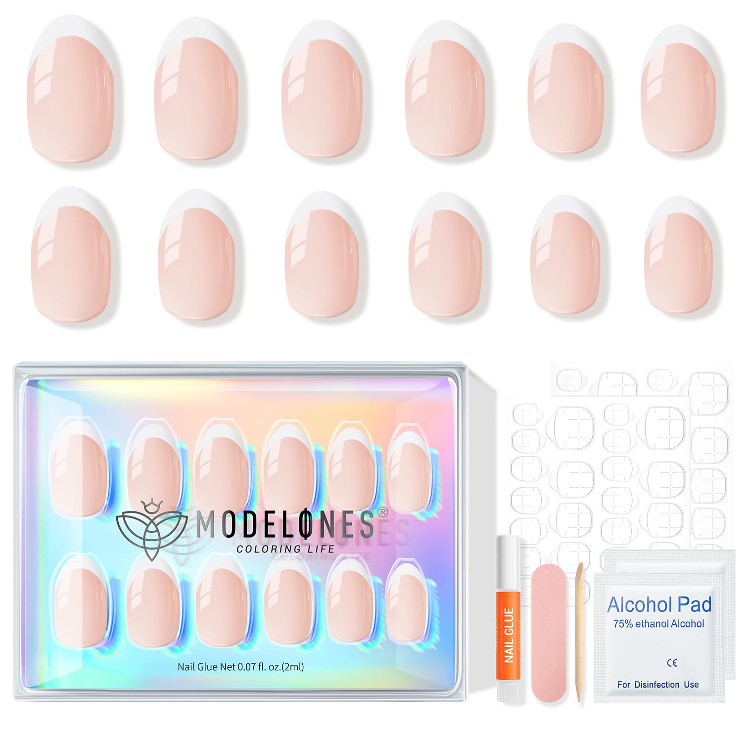 modelones French Tip Press On Nails, Short Oval Fake Nails Press Ons with Nail Glue, Adhesive Tabs, Nail File, Prep Pad, Manicure Stick, 32Pcs 16 Sizes, Nude, Spring Women Girl Gift - Image 8