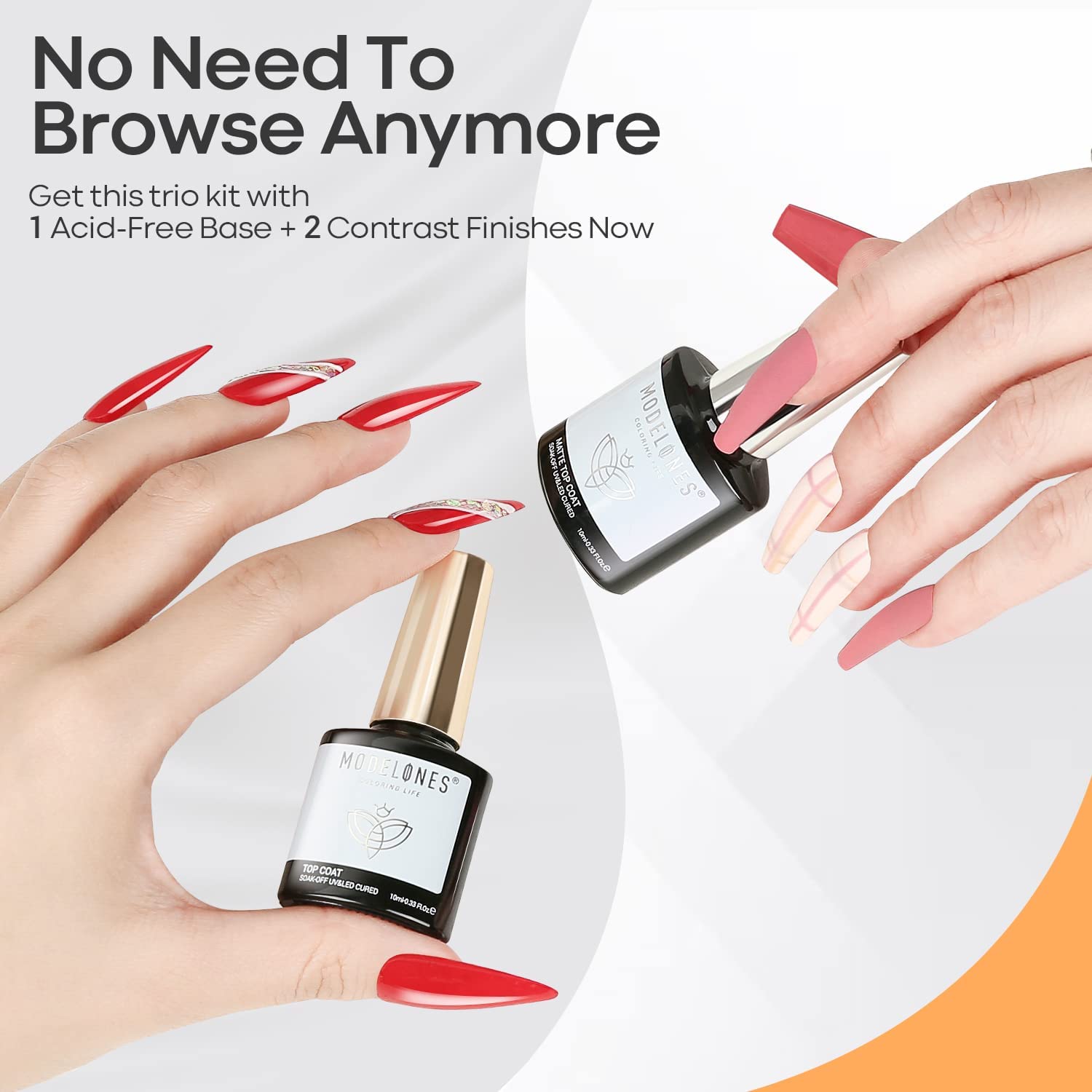 modelones Gel Base Top Coat Set 3 Pcs, Glossy and Chrome Proof Matte Top Coat No Wipe Shiny Clear Gel Polish Long Lasting High Gloss & Velvet Matte DIY Home Soak Off Manicure Gift for Women - Image 6