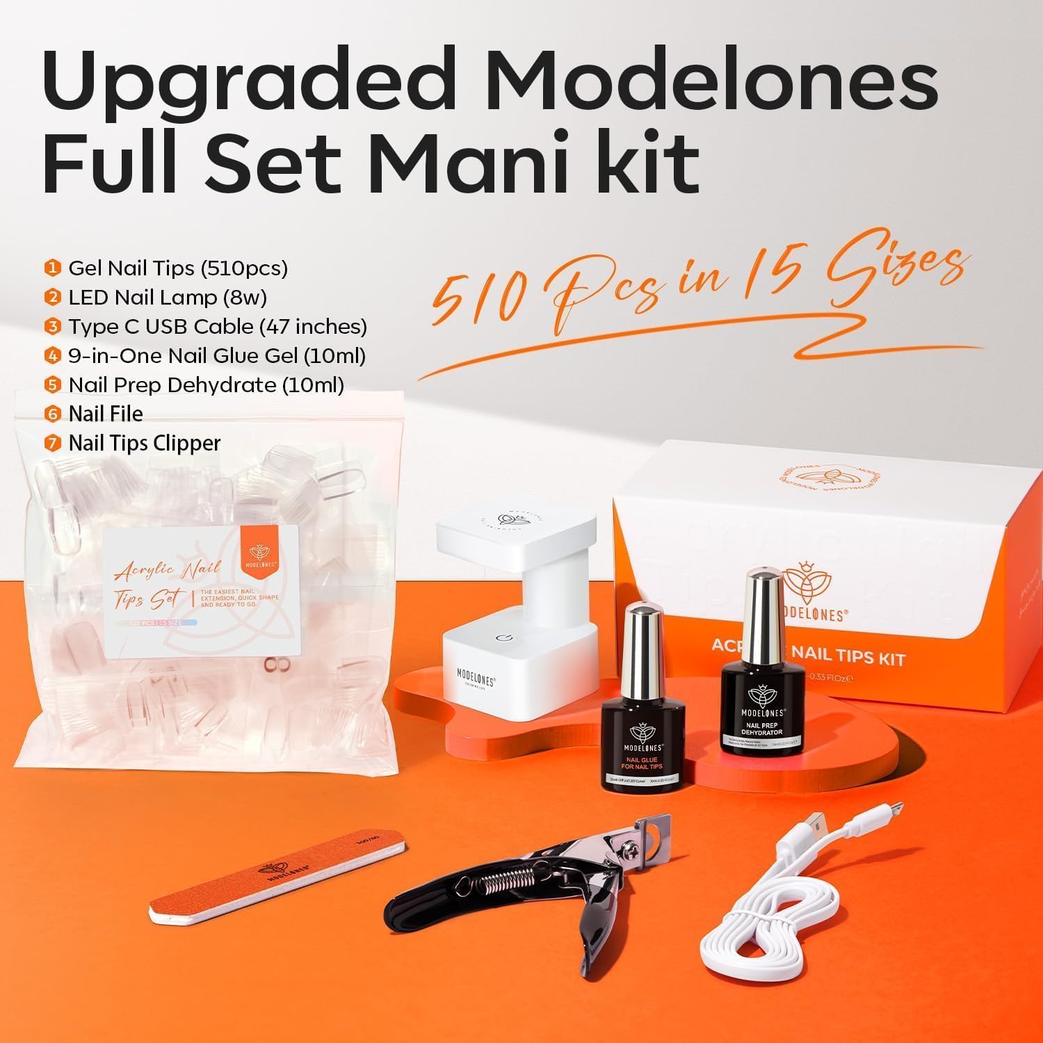 modelones Gel Nail Kit Almond, Upgrade 15Sizes Fake Nails, 9-in-One Glue Dehydrator & Mini U V Light Clipper, 510Pcs Medium Almond Press on Tips for Extension DIY Salon Home Gift (Pack of 2) - Image 5