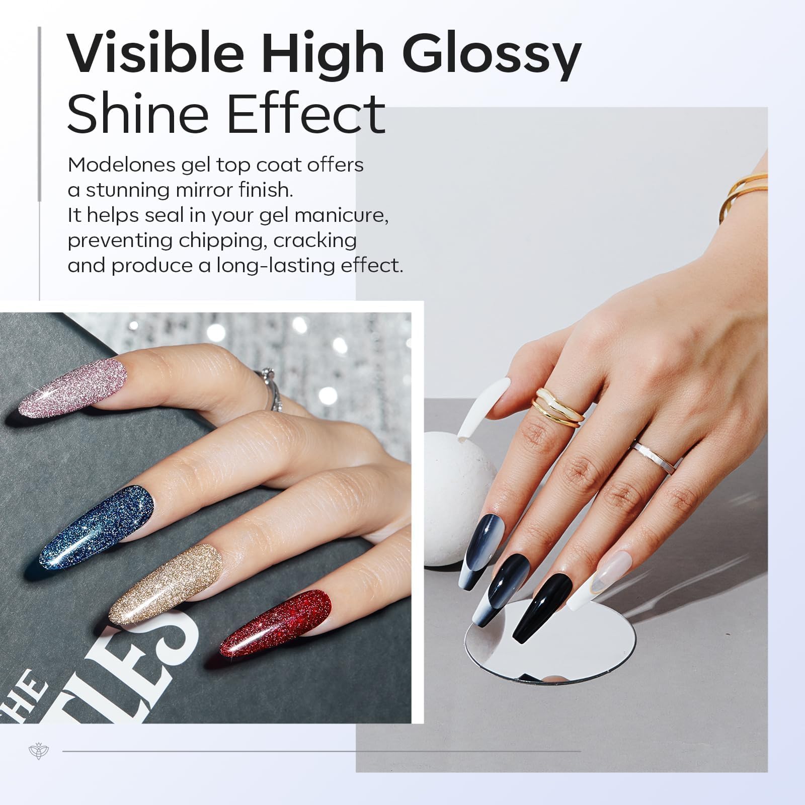 modelones Gel Top Coat, 2Pcs Clear Glossy Finish No Wipe Top Coat Winter Gel Nail Polish, Acrylic Nails Soak Off Nail Lamp Nail Art Home and Professional Manicure 10ML (Pack of 2) - Image 4