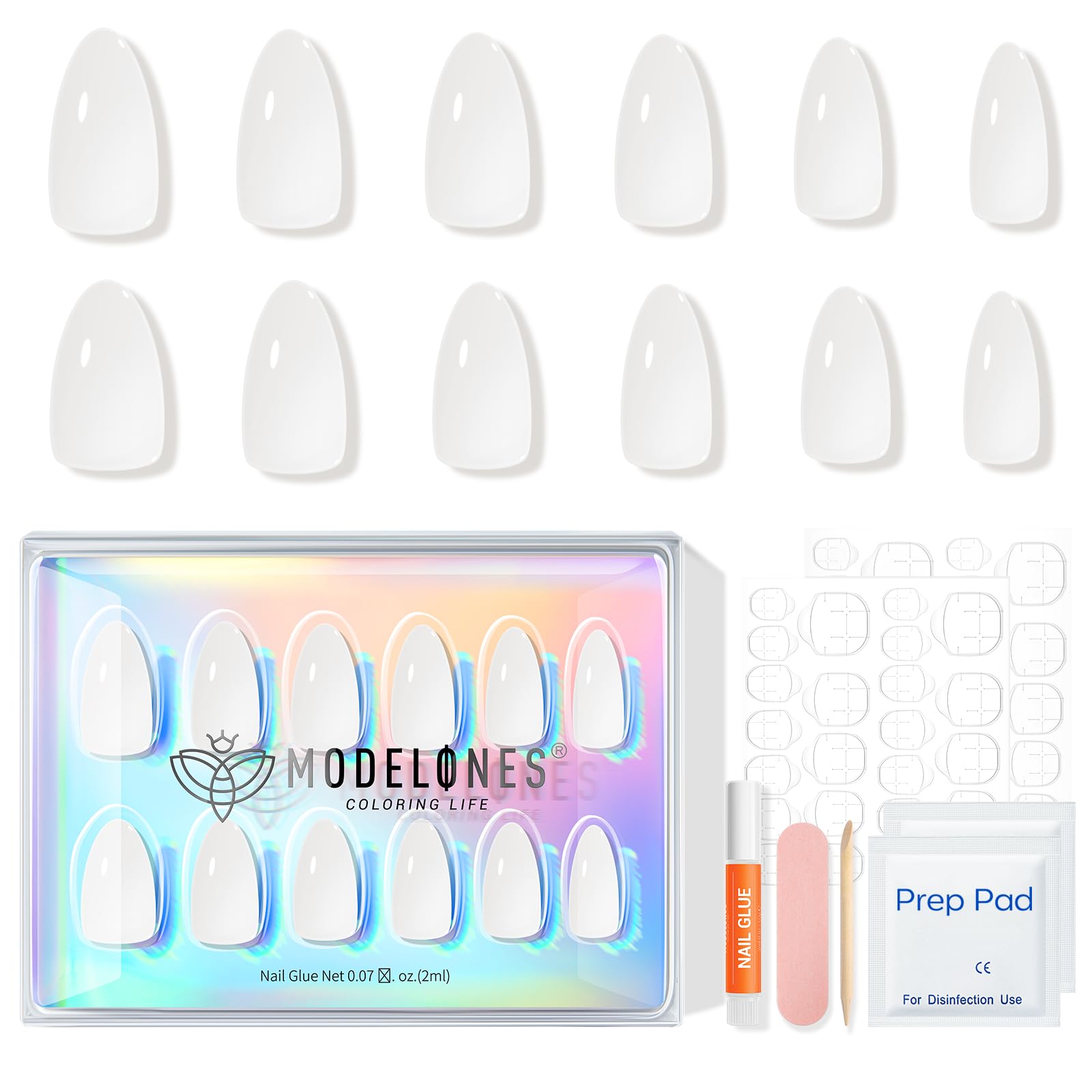 Modelones Jelly White Press on Nails Almond, Short Fake Nails, Reusable Nail Kit with Nail Glue Adhesive Tabs Mini Nail File, Nails Press Ons 32Pcs 16 Sizes, Women Girl Gift - Image 4