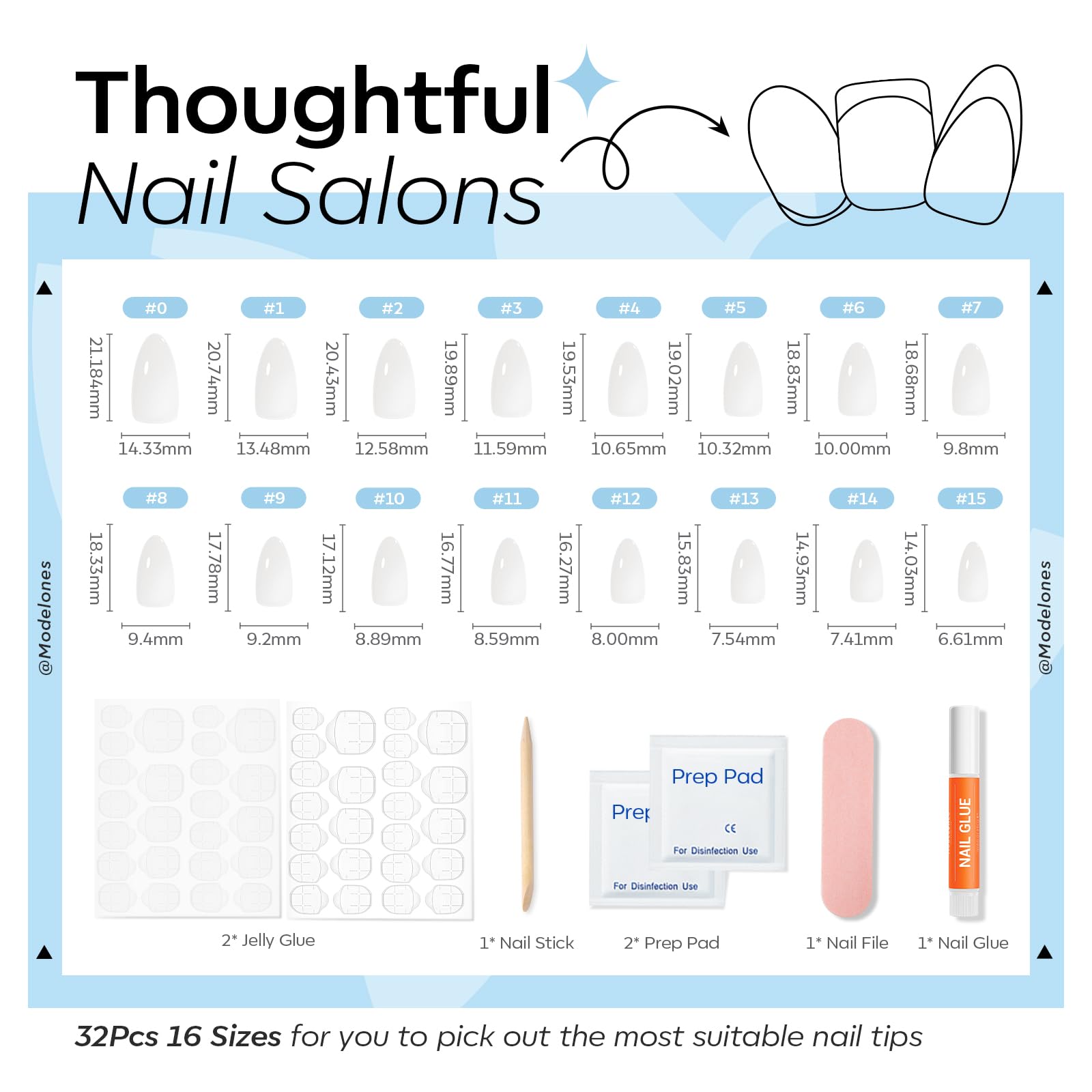 Modelones Jelly White Press on Nails Almond, Short Fake Nails, Reusable Nail Kit with Nail Glue Adhesive Tabs Mini Nail File, Nails Press Ons 32Pcs 16 Sizes, Women Girl Gift - Image 5