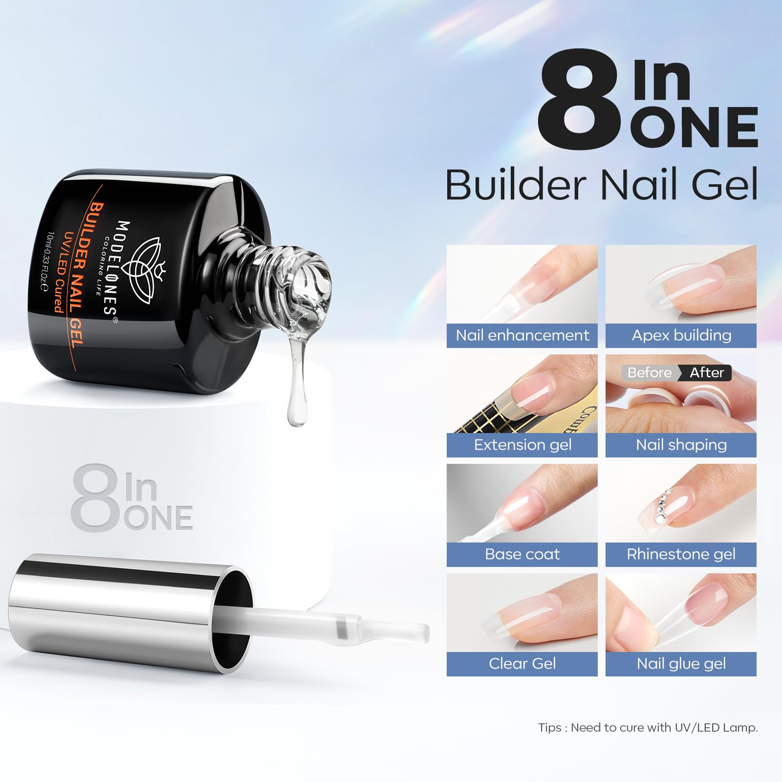 modelones Nail Thickening Solution, Dehydrator and Primer & Builder Nail Gel, 3Pcs Prep Dehydrate & Bond Primer Clear Gel Builder Polish Base Coat for Strengthener Apex Building, LED Lamp Cured 10ml - Image 4