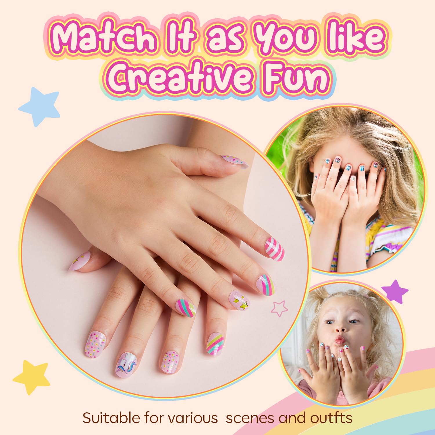 Modelones Press on Nails for Kids 144Pcs 6 Pack Children Acrylic Fake Nails Pre-glue Full Cover Glitter Color Butterfly Unicorn Short False Nail Kits Sets Thanksgiving Christmas Gifts for Girls - Image 4
